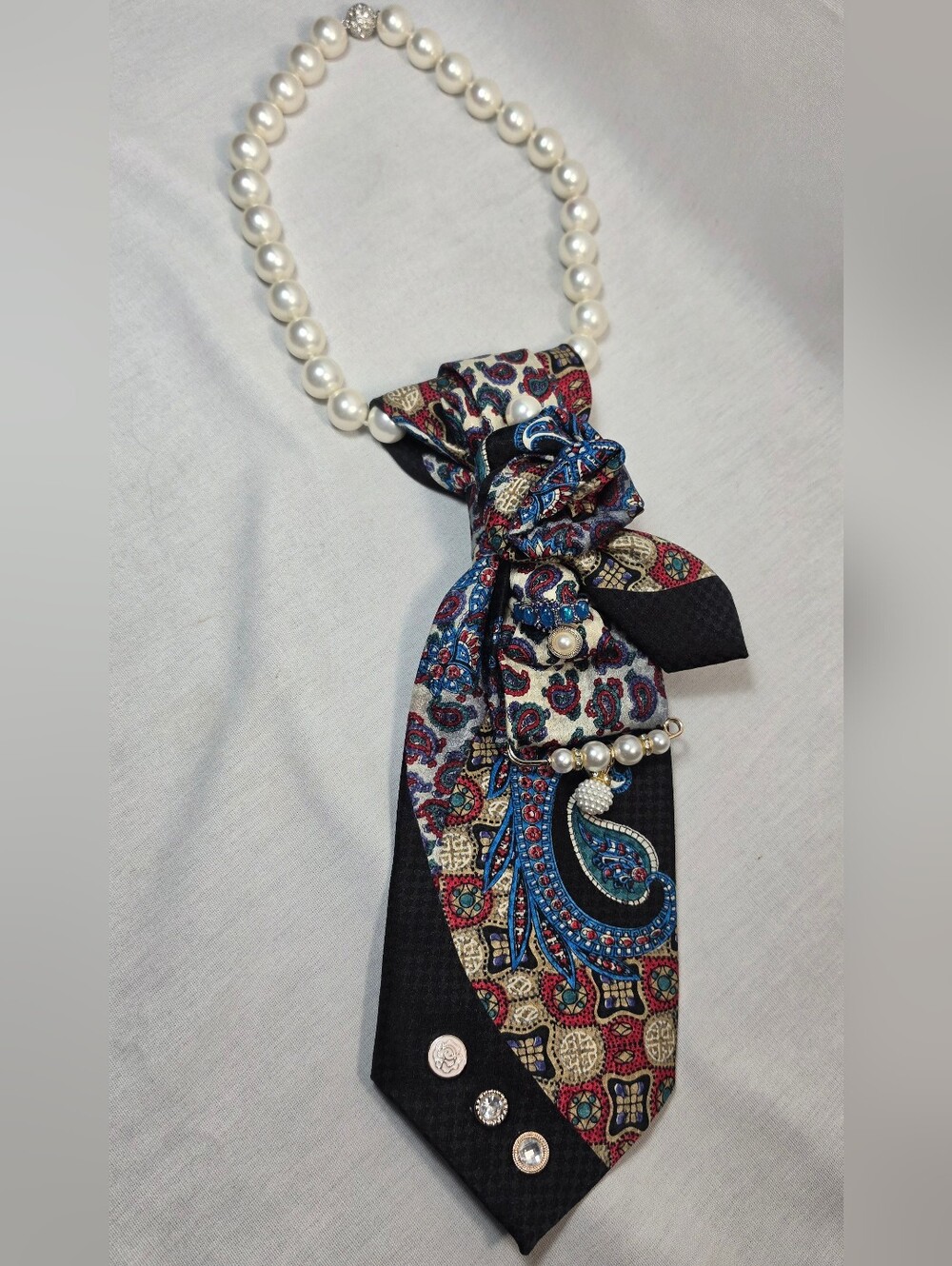Custom Paisley Tie Necklace Black Cream Statement Jewelry With Pearl Necklace
